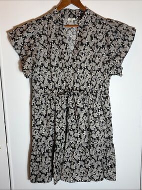 Dylan by True Grit Floral Tie Waist Dress Large Black Cream V Neck with pockets